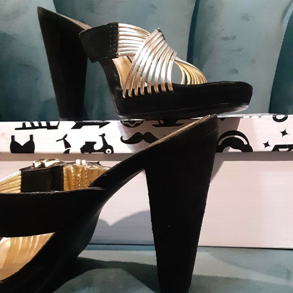 Calvin Klein Black suede & Gold leather heeled slides